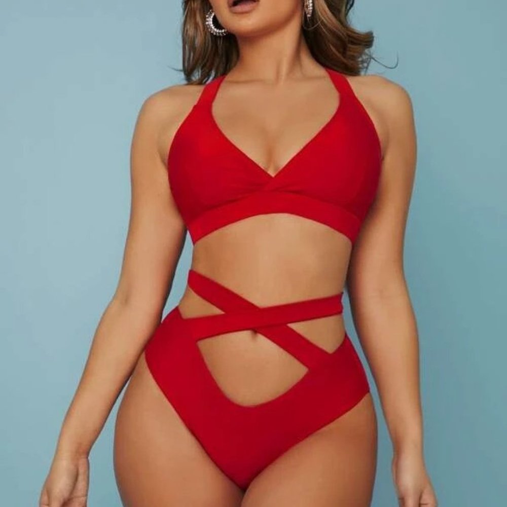 Red One Piece  Criss Cross Bikini Swimsuit